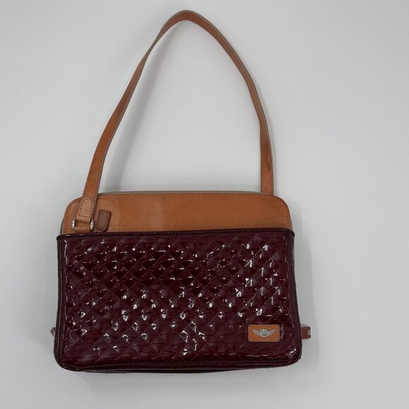 Consuela Wine Candy Crush Slim Quilted Patent Leather Shoulder Bag With Tan Acce - Picture 1 of 16